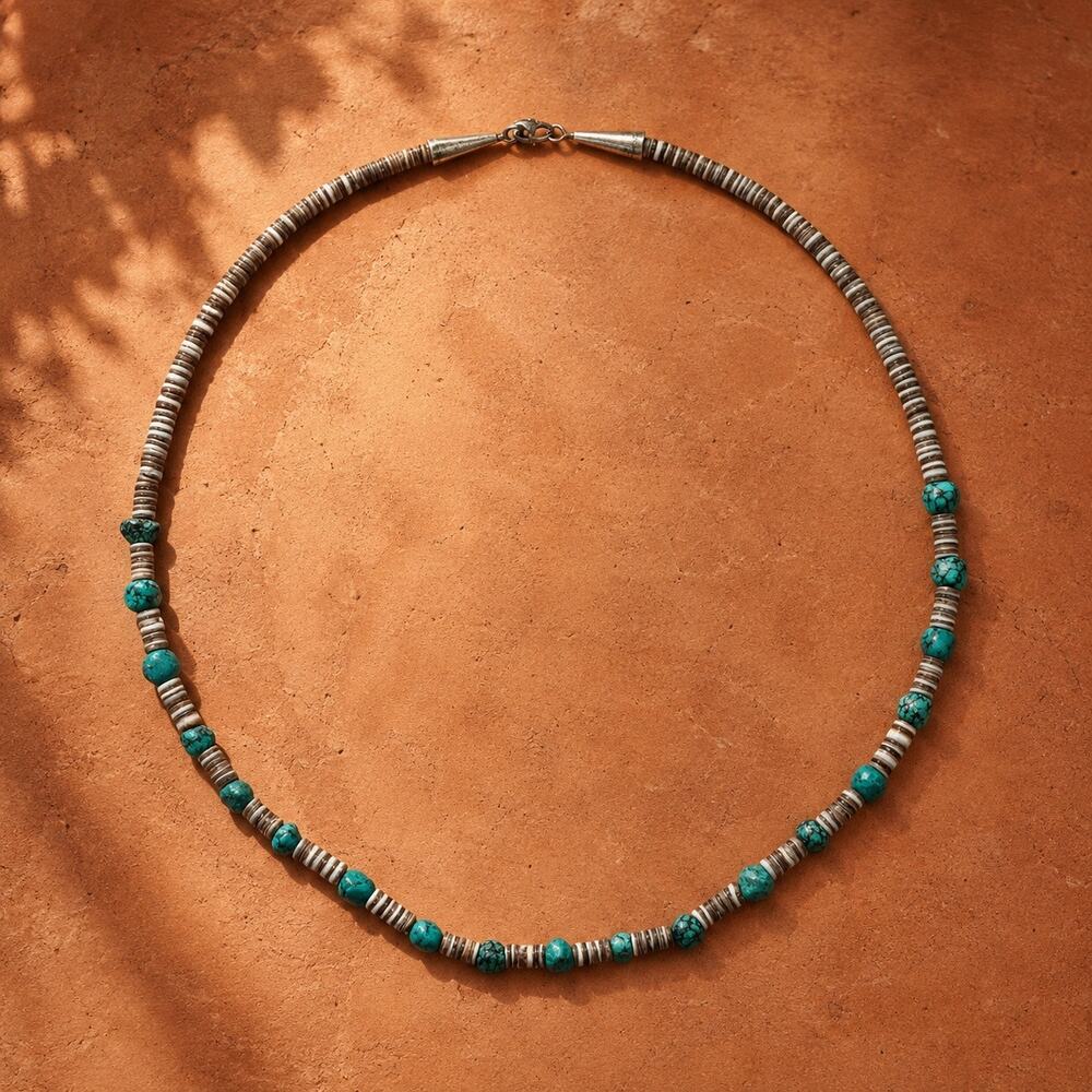 Authentic Navajo Handmade Heishi Shell Turquoise Nugget Necklace 22" New Mexico